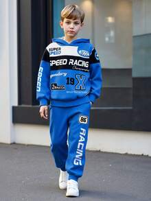 Tween Boys' Spring/Autumn Long Sleeve Hoodie & Long Pants 2-Piece Set, Royal Blue With Black & White Contrast Racing Letter & Number Print Hoodie And Matching Royal Blue Racing Logo Print Cuffed Casual Sweatpants, Suitable For Daily Outings, School Activities, Outdoor Leisure, Motorcycle Racing Sportswear - Blue - View 1