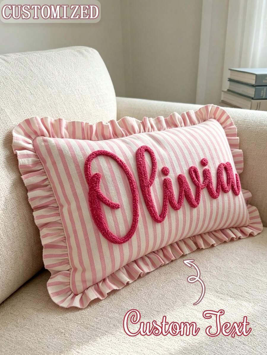 Personalized Striped Ruffle Tufted Embroidery Pillow, Customized Flocked Name Embroidered Cushion, Soft Rectangular Throw Pillow, Suitable For Sofa Bedroom Apartment Decor, Ideal Gift For Housewarming Birthday Anniversary