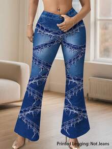Women's Plus Size Slim Fit Denim Effect Print Flare Pants, Medium Stretch, Exquisite Details, Fashionable And Comfortable - Blue - View 4