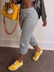 BR Women's Grey Knit Fabric Drawstring Ribbed Detail Slim Fit Casual Pants - Grey - View 4