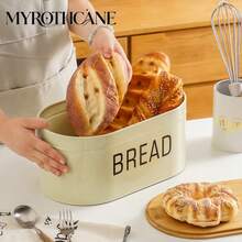 Myrothcane 1pc Metal Bread Box With Bamboo Lid, Large Capacity Bread Bin, Printed With "BREAD" Text, Kitchen Countertop Bread Storage Container, Farmhouse Style Kitchen Food Storage Organizer - Yellow - View 3