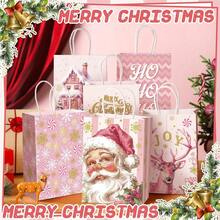 24/12/4 Stücke rosa Weihnachtspapiertüten mit Rentier-, Schneeflocken- und Weihnachtsbaum-Muster, niedliches Weihnachtsthema Design bedruckte tragbare Geschenktüten geeignet für Feiertagsparty, Klassenzimmer Weihnachtsgeschenkaustausch, Winterparty-Geschenke, Weihnachtsdekoration, Weihnachtstüten - Weihnachtsgeschenktüte, zufällige Auswahl - Übersicht 4