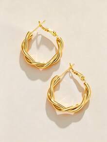 VJS 1 Pair Premium Minimalist Stainless Steel Gold & Silver Dual-Tone Twisted Hoop Earrings, Polished Shiny Geometric Twist Design, Non-Deforming, Daily Casual & Business Wear Accessory - Minimalist Twisted Hoop Earrings - View 10