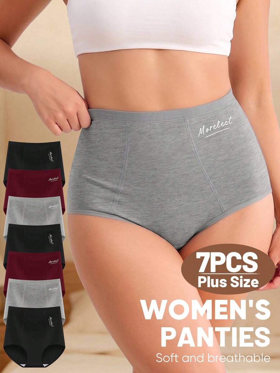 MEIYATING 7pcs Plus Size Women's High Waist Tummy Control Cotton Comfortable Daily Triangle Panties With English Print