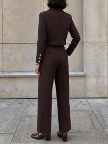Women's Brown Stretchy 2 Pieces Pant Suit Cropped Gold Button Blazer Wide Leg Pants For Business Work - Coffee Brown - View 2