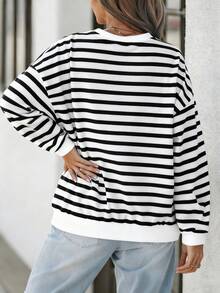 Plus Size Women's Striped Knit Round Neck Top, Fashionable And Comfortable, Long Sleeve Top, Suitable For Casual Style - Black - View 2