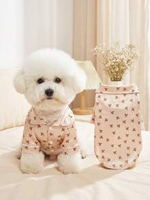 A Polyester Coffee-Colored Bow Button-Up Pet Home Pajama, Suitable For Small Cats And Dogs To Wear All Year Round (The Fabric Has No Stretch, It's Recommended To Buy 1-2 Sizes Bigger; Not Suitable For Medium To Large Dogs) - Coffee Brown - View 2
