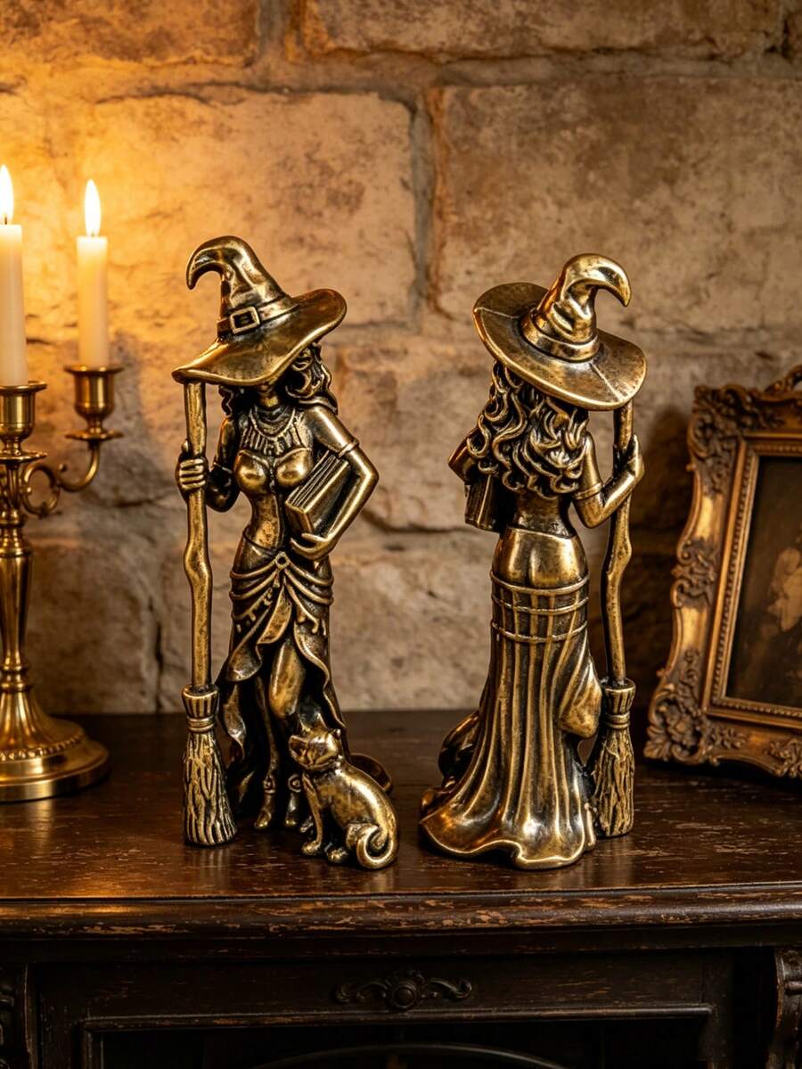 1 Peça Estátua de Bruxa Vintage de Latão com Vassoura e Livro, Decoração Colecionável de Metal Inspirada em Filme Mágico para Mesa, Ornamento de Mesa para Estante, Casa e Quarto, Presente Atencioso para Mulheres no Aniversário, Formatura, Halloween, Ação de Graças, Natal - Vários estilos - Visão 1