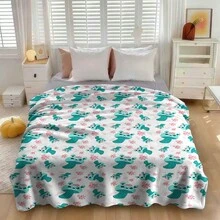 1pc Cute Emerald Green Cartoon Mushroom Bow Flannel Printed Blanket, White Background With Cute Blue Mushroom And Pink Heart Pattern, Soft And Lightweight, Comfortable, Suitable For Home Decor Blanket, Applicable For Sofa, Bed, Office, Camping, Bedroom And Other Scenes - Multicolor - View 8