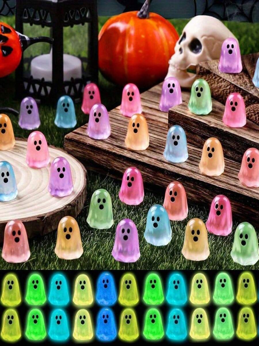 40pcs Halloween Glow-In-The-Dark Mini Ghost Figurines, Luminous Resin Miniature Ghost Decorations, Suitable For Hiding, Bulk Mini Figurines, Halloween Party Favors, Micro Landscape Garden Dollhouse Decor - Multicolor - View 1