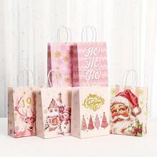 24/12/4 Stücke rosa Weihnachtspapiertüten mit Rentier-, Schneeflocken- und Weihnachtsbaum-Muster, niedliches Weihnachtsthema Design bedruckte tragbare Geschenktüten geeignet für Feiertagsparty, Klassenzimmer Weihnachtsgeschenkaustausch, Winterparty-Geschenke, Weihnachtsdekoration, Weihnachtstüten - Weihnachtsgeschenktüte, zufällige Auswahl - Übersicht 6