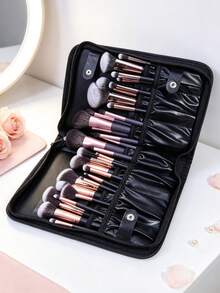 Tas Penyimpanan Kuas Makeup 14 Slot, Tempat Kuas Lipat Tegak, Kapasitas Besar, Portabel untuk Perjalanan, Tas Penyimpanan PU Anti Debu (Kuas Makeup Tidak Termasuk) - Hitam - View 4