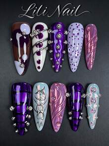 10pcs Handmade Press On Nails Stiletto Nails,Purple Nails, Abstract Design, Polka Dot, Checkerboard Pattern, Holographic Finish, Rhinestone Nails, Color Block, Hand Painted,3D, Daily Party Wear Reusable Nail Set With Nail Tools - Multicolor - View 3
