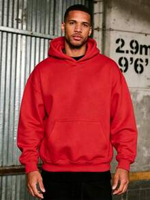 Men's Black Solid Color Drop Shoulder Long Sleeve Drawstring Pocket Casual Hoodie,Autumn/Winter,Suitable For Work, Daily Office Sports,And As A Gift - 紅色 - 查看 4