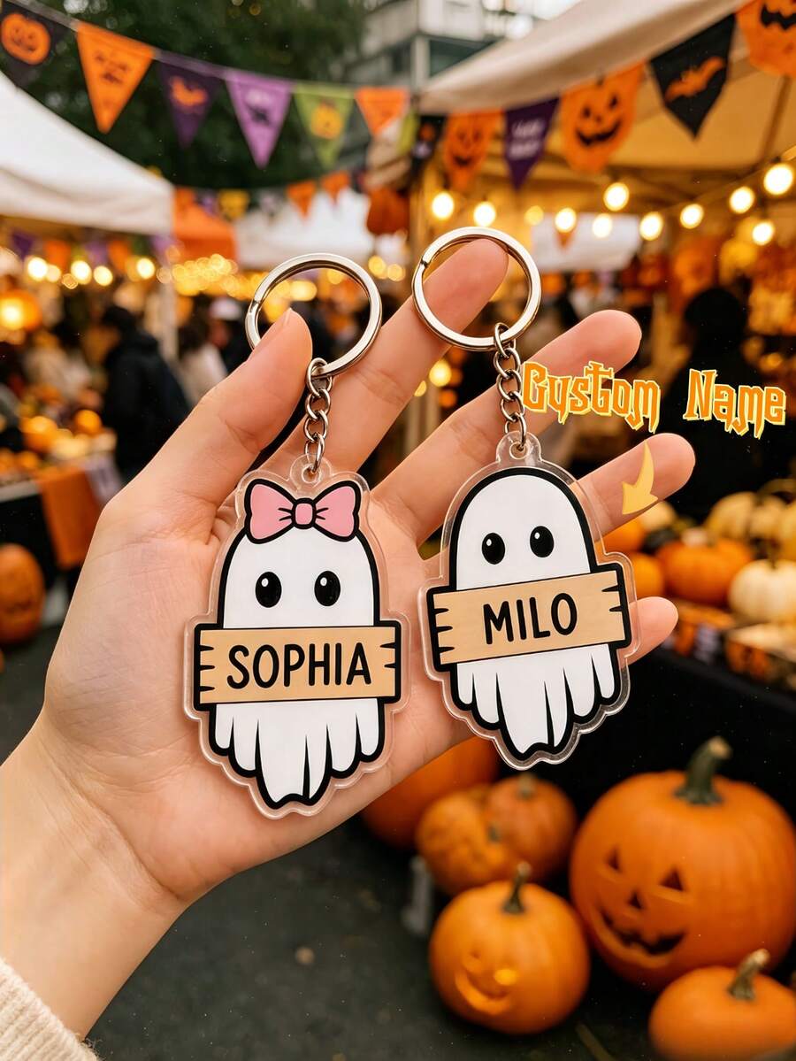 1pc Personalized Ghost Acrylic Keychain, Custom Name Key Ring, Cute Halloween Bag Charm, Spooky Gift For Friends Teacher,Back To School Gift,Halloween - Multicolor - View 1