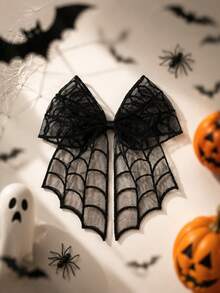 1pc Halloween Black Spider Web Embroidered Tulle Long Tail Bow Hair Clip, Cute Hair Clip For Girls, Gift Party Hair Accessory - Multicolor - View 2