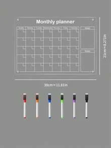 1pc Transparent Acrylic Monthly Planner Magnetic Fridge Magnet, Erasable Refrigerator Memo Board With 6 Magnetic Whiteboard Markers - I - View 10