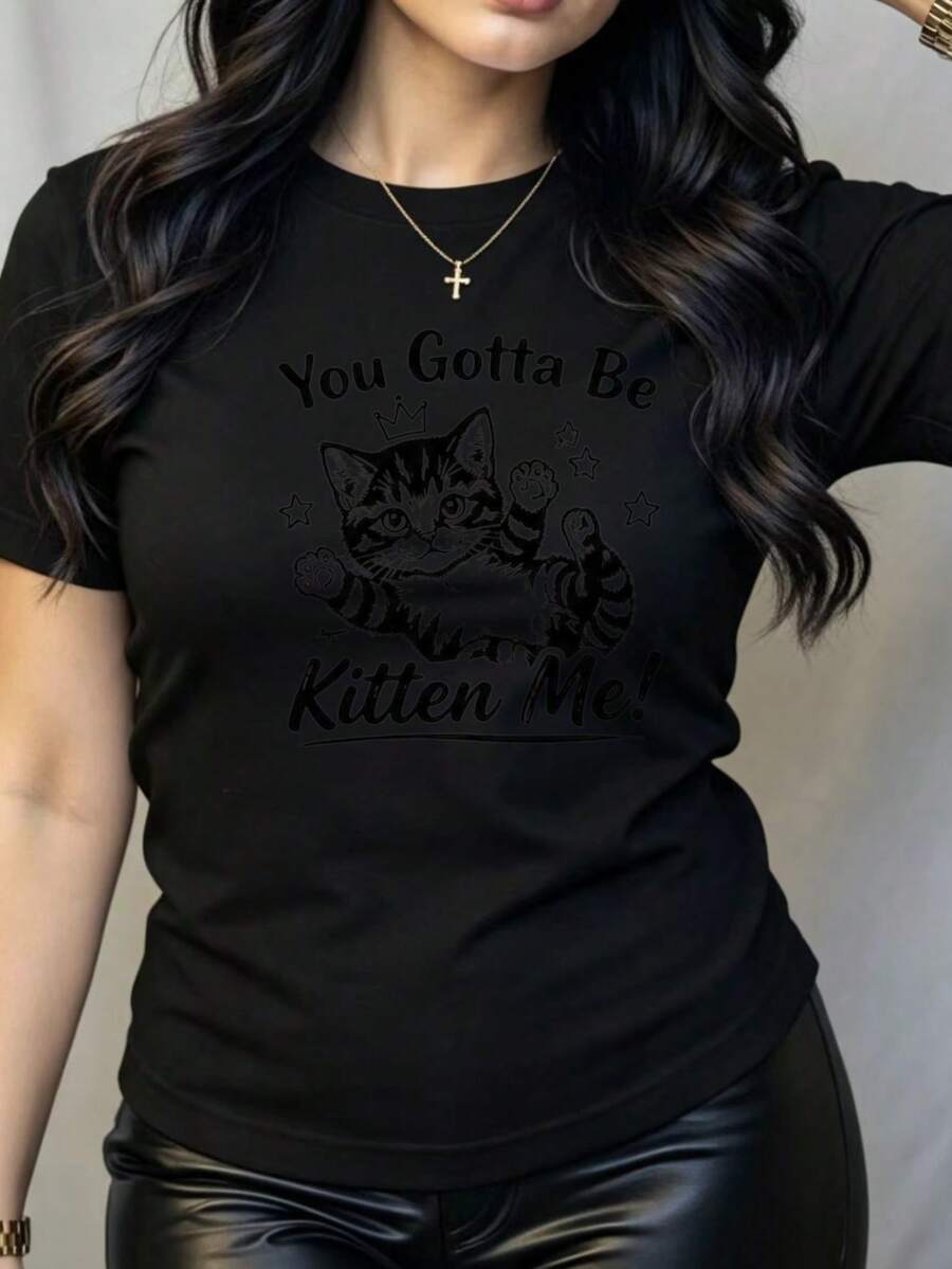 Camisetas de mujer de algodón puro con estampados originales de animales, plantas y letras en varios estilos, perfectas para vacaciones, estilo urbano, días festivos y fiestas. - Negro - Ver 1