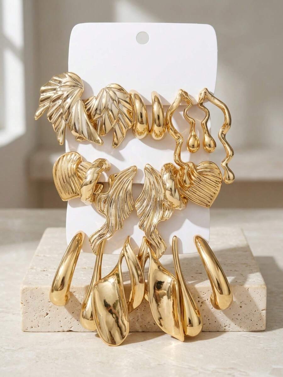 9 Pairs Exaggerated Earrings Set, Suitable For Women Fashion Wear, Asymmetrical Heart Geometric Shape Studs, Perfect For Parties And Daily Wear, Ideal Jewelry Gift