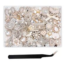 1 Box Powder Beige Resin Flat Back Beads Set, Shiny Rhinestone Lip Shape Cross Pearl Flower Handmade DIY Set, Includes Tweezers And Storage Box, For Phone Decoration - Multicolor - View 11