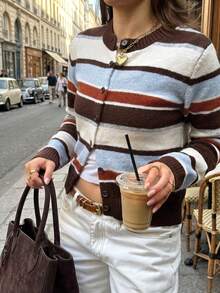 Senya Women's Color Block Striped Round Neck Long Sleeve Knit Cardigan, Vintage Slim Fit Casual Sweater Top, Daily Commute Graduation Knit Jacket - Multicolor - View 2