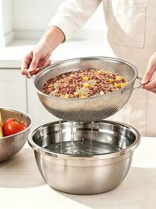 1 Set Thick Stainless Steel Colanders With Mixing Bowl, Rice Washing Bowl, Double-Ear Vegetable Washing Basin,Multi-Size Perforated Strainer Baskets With Handles, Multipurpose Rice, Fruit & Vegetable Washing Bowl For Kitchen - S+M+L - View 12