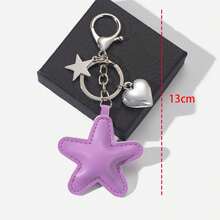 1 Set 2pcs Unisex New Solid Color Five-Point Star Keychain PU Padded Star Pendant Minimalist Heart Accessory Couple Gift Bag Charm - Multicolor - View 4
