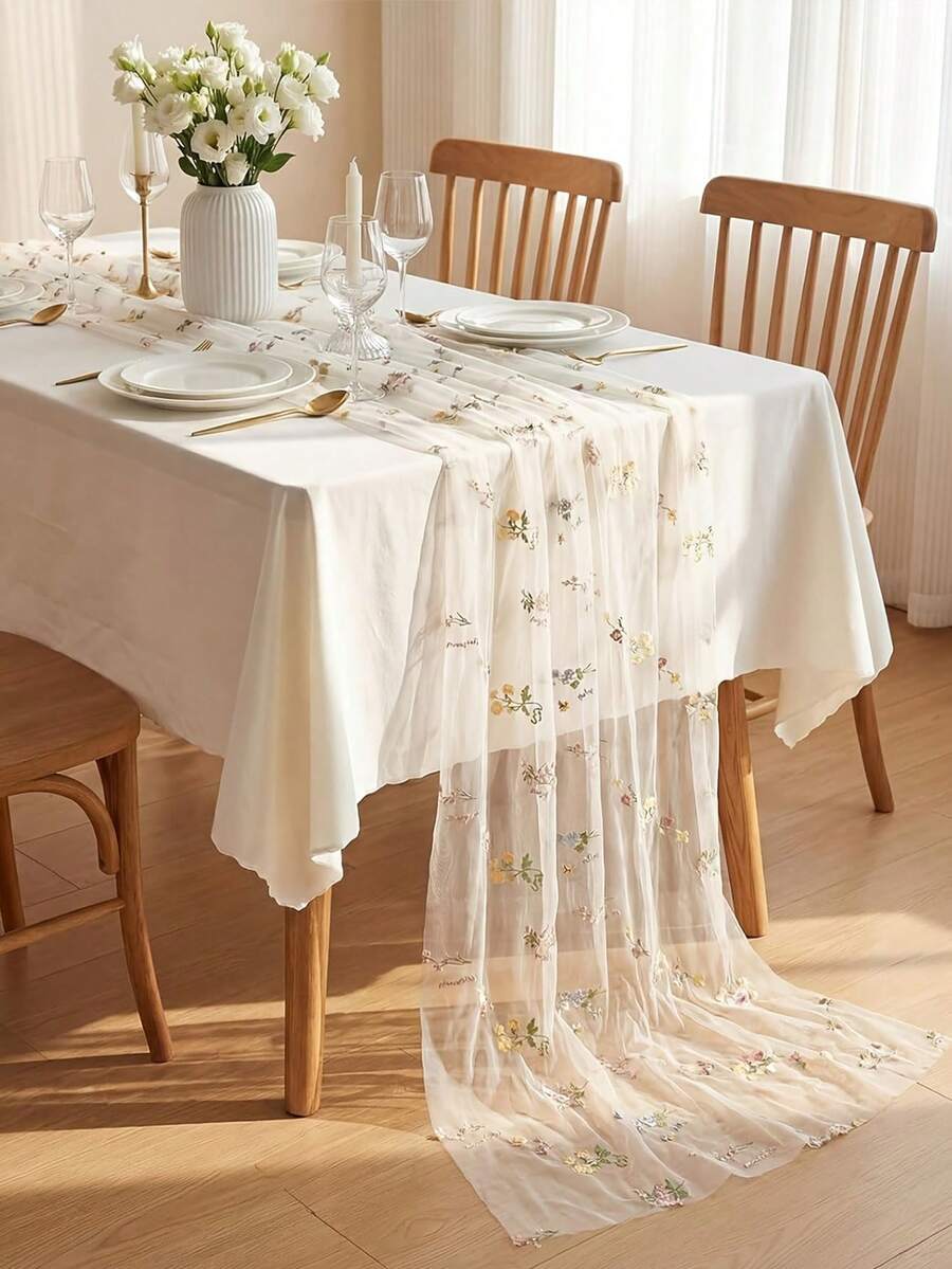 White Floral Embroidered Tulle Table Runner, Spring Wildflower & Summer Butterfly Design, Sheer Decorative Fabric For Kitchen, Dining Room, Wedding, Party, Birthday