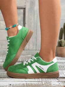 1 paire de chaussures décontractées multifonctions pour femmes, nouvelles chaussures de mode printemps/automne, chaussures plates à lacets, bout rond, semelle en caoutchouc, chaussures de skateboard, noir, blanc, marron, imprimé léopard, bloc de couleurs kaki, chaussures de tous les jours, chaussures décontractées, taille 36-42, chaussures d'entraînement de mode, à porter toute l'année - Vert - Voir 8