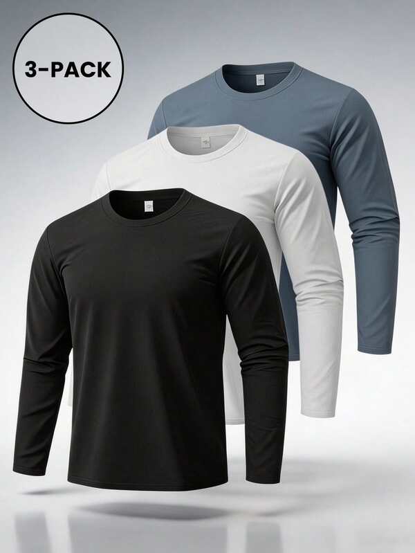 3pcs Men's Solid Color Crew Neck Long Sleeve T-Shirts, Spring/Autumn Minimalist All-Match Layering Tops, Versatile Casual 3-Piece Set