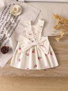 Atasan Corduroy Motif Anjing Vintage, Camisole Bergaris Vertikal Corduroy Motif Kartun Bunga di Seluruh Permukaan dengan Hiasan Ruffle - Aprikot - View 2
