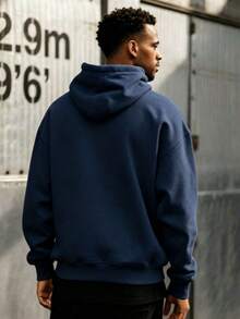 Men's Black Solid Color Drop Shoulder Long Sleeve Drawstring Pocket Casual Hoodie,Autumn/Winter,Suitable For Work, Daily Office Sports,And As A Gift - 藏蓝色 - 查看 3