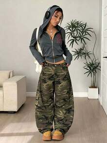 Happy Girl Casual Chic Numeric Print Fitted Drawstring Sweatshirt Crop Top, Serbaguna Untuk Musim Semi/Panas, Gaya Jalanan, Perjalanan, dan Pakaian Sehari-hari - Dark Grey - View 4