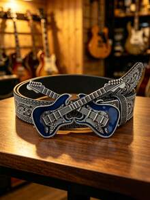 1pc Valentine's Day, Carnival, Halloween, Christmas, Birthday Gift, 3D Guitar Head Buckle Belt, Handmade Embossed Scroll Pattern PU Belt - Multicolor - View 14