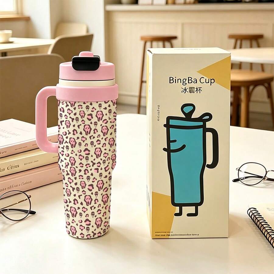1PC 1000ML Creative Leopard Print, Black Leopard Print, Fashion Leopard Pattern Stainless Steel Insulated Cup, Double Drink Coffee Cup, Portable Straw Cup, Stylish , Suitable For Office/Home, Gift For Family/Friends, Coffee/Milk/Tea - Multicolor - View 1