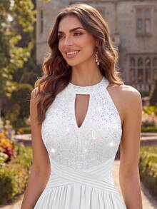 MIUSOL Sequin Floral Lace Halter Neck Sleeveless Ruched Chiffon Prom Homecoming Dress, Spring/Summer Dress Elegant White - White - View 8