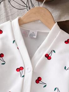 Girls' Autumn White Fruit Pattern Cherry Long Sleeve Cardigan, Cute Simple Ribbed Cuffs, Soft Comfortable Button-Up Top, Spring Style - White - View 3
