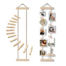 Natural Wood Photo Hanging Rope With Wooden Clips, Multi-Photo Display Rack, No Drilling Required, Space-Saving For Dorm, Bedroom, Desk, And Wall Decoration - A - View 4