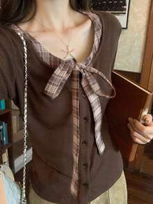 Women's Brown Ribbed Knit Top, Plaid Lace-Up Front, Long Sleeve Button Shirt, Autumn Essential - Rust Brown - View 3