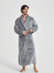 1pc Men's Solid Color Flannel Bathrobe, Shawl Collar Long Plush Bathrobe, Soft Casual Home Bathrobe, Comfortable Home Bathrobe - Multicolor - View 7