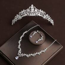 4-Piece Bridal Jewelry Set Silver Rhinestone Tiara Crown Teardrop Necklace Dangle Earrings For Wedding Bridesmaid Prom Party Formal Occasion - Silver - View 5