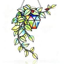 Colorful Rhinestone Flower Pot Vine Ladybug Hanging Window Decor, Fresh Green Leaf Creative Sunlight Catching Hanging Ornament, Translucent Art Pendant, Bedroom Window Entryway Wall Hanging Decor, Mori Style Home Soft Furnishing, Unique Atmosphere Housewarming Gift - A - View 4