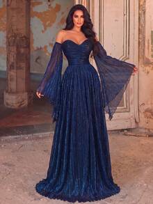 Women's Romantic Off-Shoulder Long Sleeve Ball Gown, Charming Blue Knit Fabric Fitted Waist Zipper Detail Dress, Suitable For Formal Occasions - Royal Blue - View 7