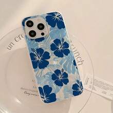 1PC Blue Hibiscus Pattern Acrylic Curved Feather Phone Case, Compatible With Apple 17 16 15 14 13 12 11 Plus Pro Max Series, Personalized Ins Style Protective Cover, Fashion - Multicolor - View 5