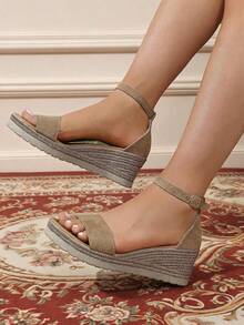 Women's Fashion Wedge Sandals Open Toe Design With Ankle Strap Woven Thick Sole Comfortable Versatile Summer Travel Style Khaki - Khaki - View 6