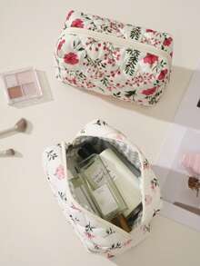 Quilted Octagonal Cosmetic Bag, Casual Handbag With Cute Floral Pattern Zipper Closure, Can Be Used As Skincare Bag, Toiletry Bag Or Travel Organizer; Warm Down Texture, Fashionable And Practical, Suitable For Back To School Season And Various Travel Occasions - Multicolor - View 7