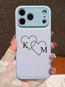 Casing Ponsel Kulit Sintetis Mewah Motif Hati dengan Nama dan Desain DIY yang Dipersonalisasi, Kompatibel dengan iPhone 17 16 15 14 13 Pro Max Plus, Pelindung Belakang Anti Guncangan, Casing Bantalan, Hadiah untuk Pasangan - Baby Blue - View 2