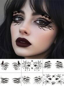 6pcs Gothic Spider Web Face Eyeliner Temporary Tattoo Stickers, Waterproof Halloween Bat Temporary Tattoos, Realistic Eyeshadow Makeup Stickers, Suitable For Halloween Party Holiday Cosplay Accessories - Black - View 10