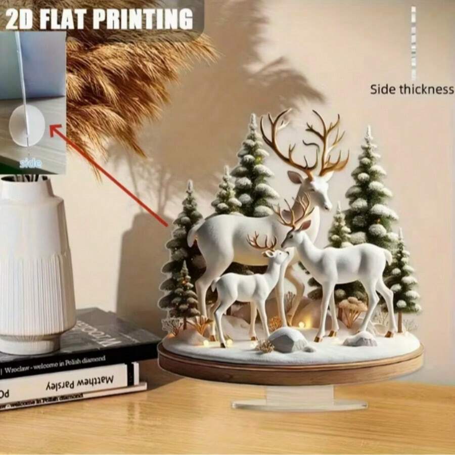 1pc 2D Acrylic Decorative Ornament, Elegant Deer Family Winter Quiet Forest Snow Landscape, Perfect Holiday Decoration, With Base, No Power Required - A - View 1