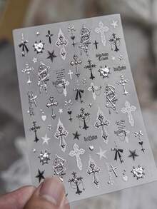 1pc Metal Nail Art Sticker, New DIY Dark Style Hot Girl Nail Decal With Lace Cross Decoration - Multicolor - View 7